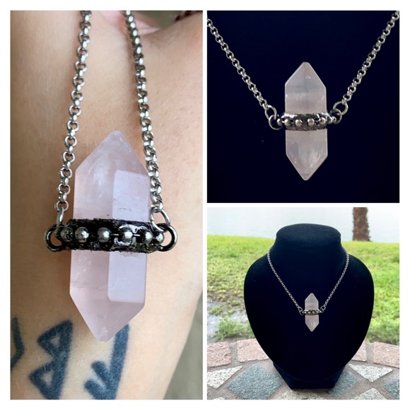 Silverskylight Jewelry - Black gun metal rose quartz hexagon steel necklace